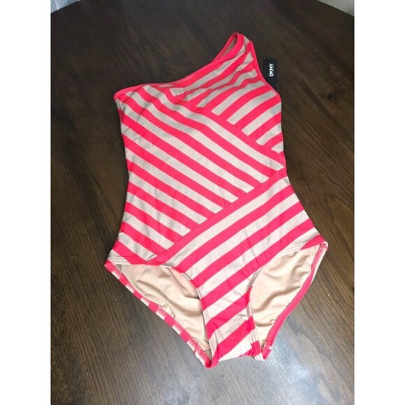 DKNY One-Shoulder Coral & Beige Striped Swimsuit Size 10 Nylon/Spandex - Picture 2 of 12
